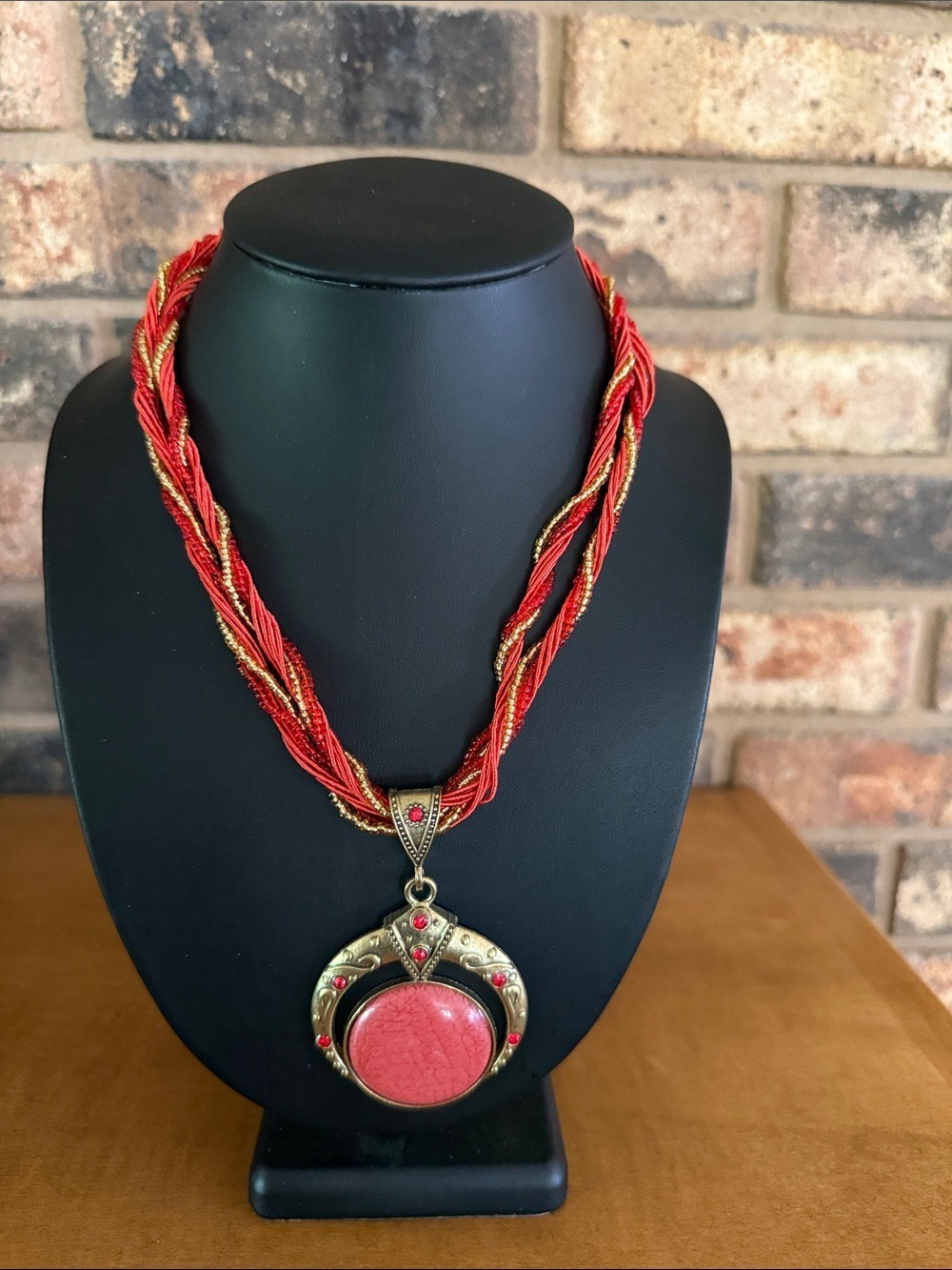 Vintage Twisted Glass Beads Rope Pink Rhinestone Pendant Necklace 17”